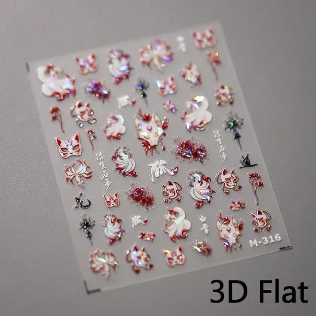 Nine-tailed Fox Chinese 5D Soft Reliefs Self Adhesive Nail Art Stickers Fox Mask Red Equinox Flowers 3D Manicure Decals