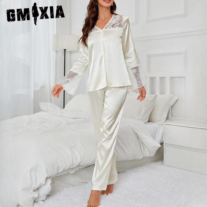 

GMXIA Women s Pajamas Autumn and Winter Lace Mesh Long-sleeved Trousers Two-piece Silk Homewear XL белый