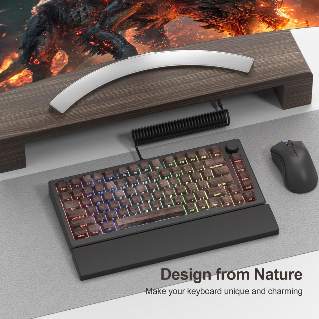 135-Key Wooden PBT Womier Shine-Through Keycaps, 75% Side Print, Dye-Sub, Cherry Profile Custom Keycaps for Mechanical Keyboards