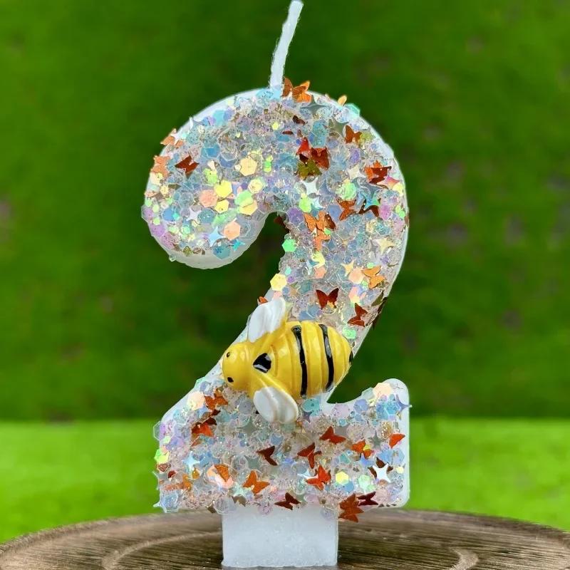 Little Bee Theme Birthday Number Candles Theme Birthday Candles for Cake Numeral Candle Cake Topper with Sequins for Birthday