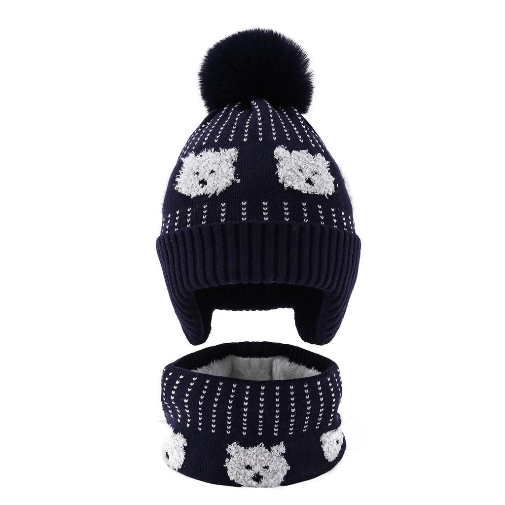 Cartoon Dog Plush Knit Hat & Scarf Set - Fleece-Lined with Warm Ear Protection and Pom Pom