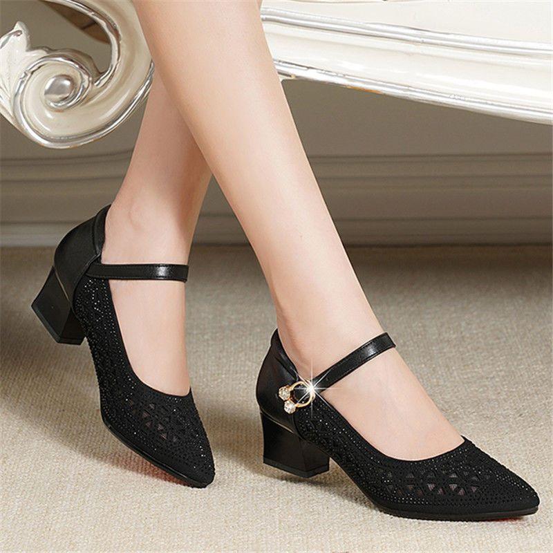 Sandals Women's Summer Mid Heeled Mesh Sandals Perforated Shoes Perforated Breathable Single Shoes Thick Heels Soft Soled Shoes
