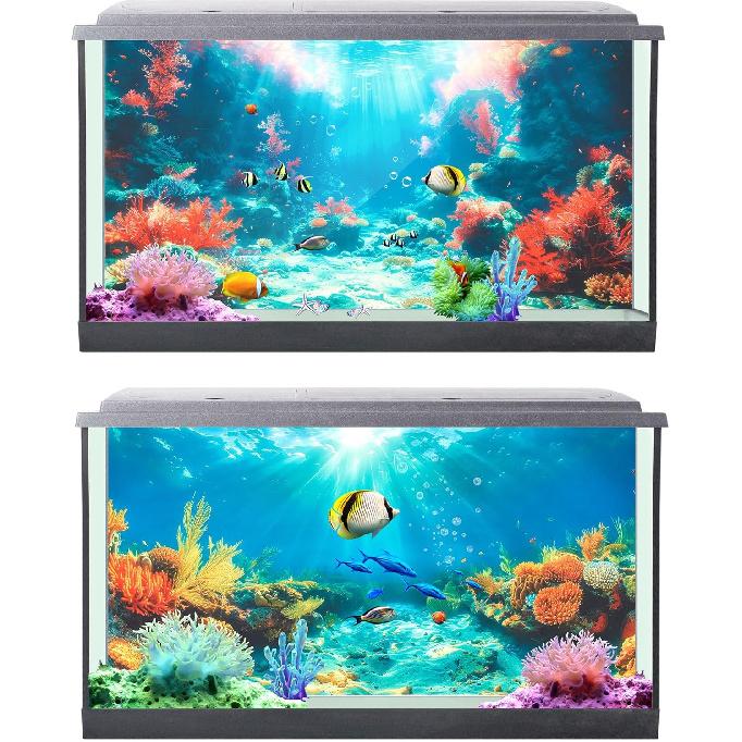 4 Pack Aquarium Background Polyester 30 x 18 Inch Cloth Fish Tank Background Undersea Corals Sunshines Rock Aquatic Plants Wallpaper with