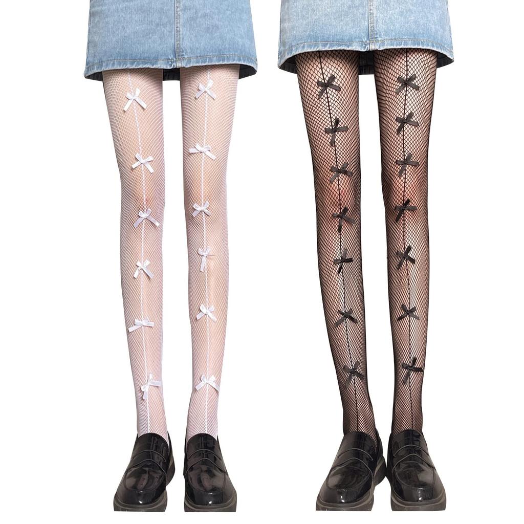 Fishnet Tights with Bow Pattern Seam Design Stretchy Sheer Pantyhose for Women Elastic Mesh Legwear Full Length Hosiery