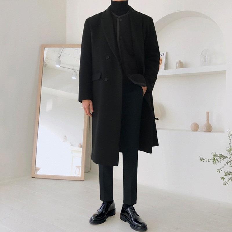 

Men s British Style Over-the-Knee Wool Coat: Trendy Korean Version Mid-Length Winter Jacket 3XL чорний