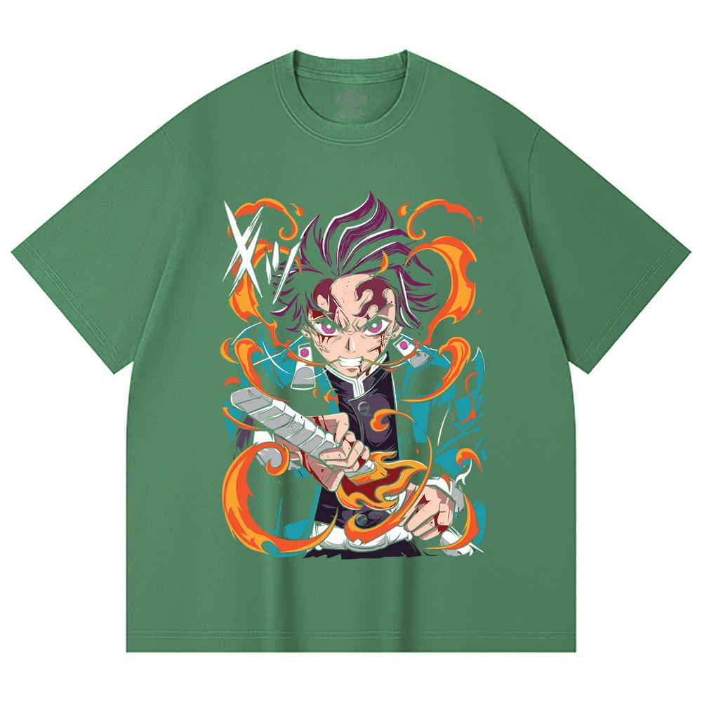 230 Gsm 100% Cotton Demon Slayer V64 Tanjiro Fire Breathing Print Unisex Heavy Cotton T Shirt