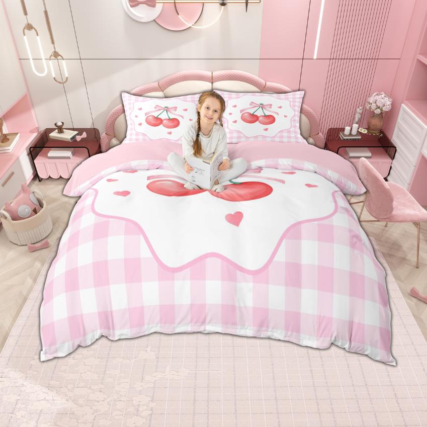 Comforter Homewish Kawaii Cherry For Girls Cute Bow Knot Bedding For Princess Geometric Buffalo Plaid Bed Set