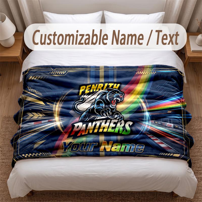 Penrith Panthers Printed Flannel Blanket Custom Name Text Soft Warm Throw For Bedroom Holiday Gift