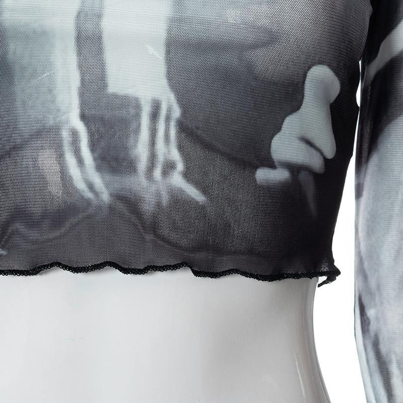 Letní evropský a americký Y2K síťovaný top slim fit s trumpetovými dlouhými rukávy