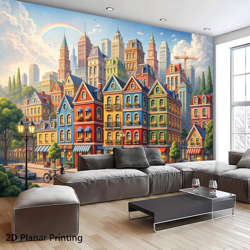 2D Cartoon City Backdrop, Colorful European Town & Rainbow Photography Banner