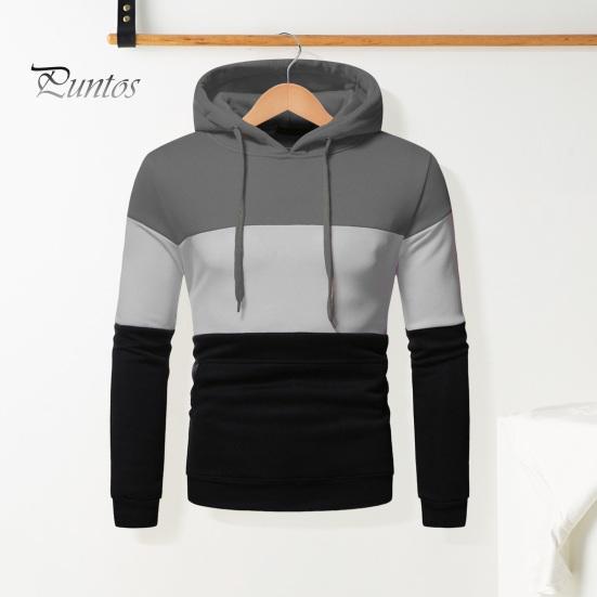 Men Fall Winter Hoodie Colorblock Drawstring Long Sleeves Big Pocket Hooded Retro Thin Loose School Daily Wear Casual Sport Top