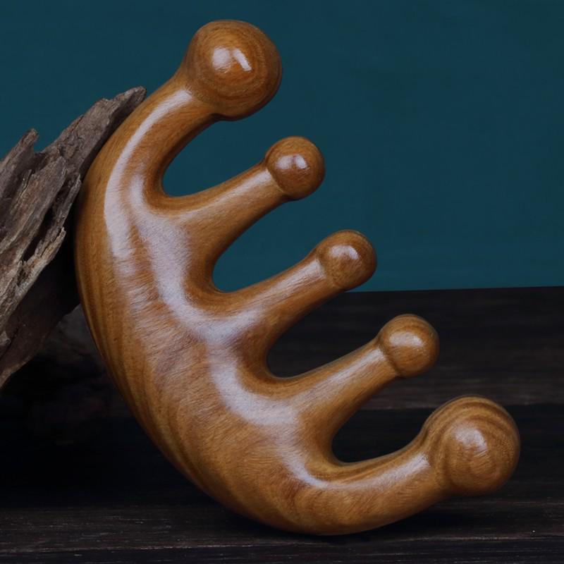 Natural Green Sandalwood Meridian Massage Comb for Scalp & Neck Therapy - Multifunctional Five-Tooth Design