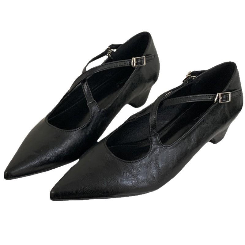 2025 printemps et automne nouvelles chaussures simples à bout pointu et décolleté bas à talon moyen pour femmes marron mot avec chaussures Mary Jane tempérament petit cuir s