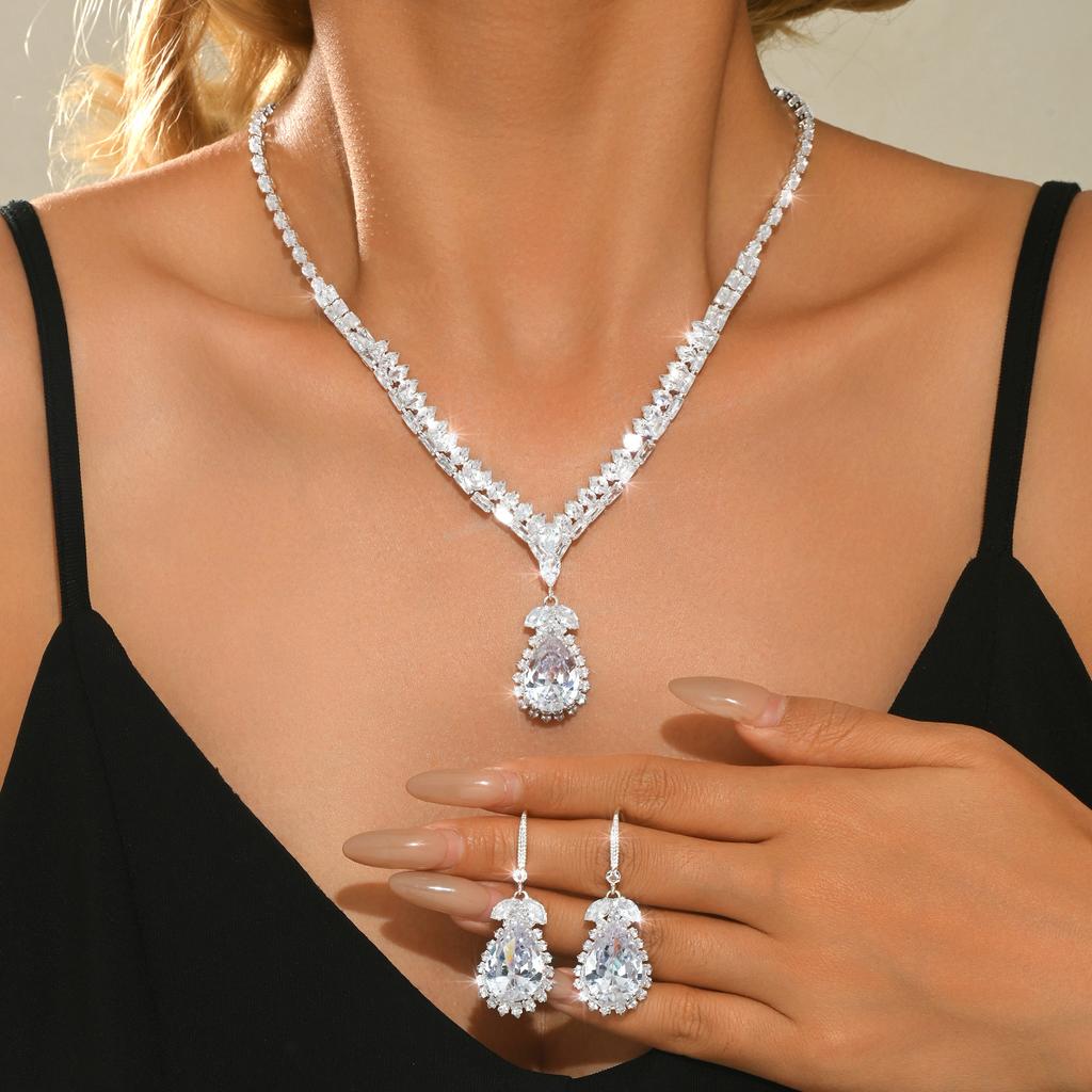Two Piece Retro Light Luxury Zircon Water Drop Ear Hook Necklace European and American Jewelry Set for Women