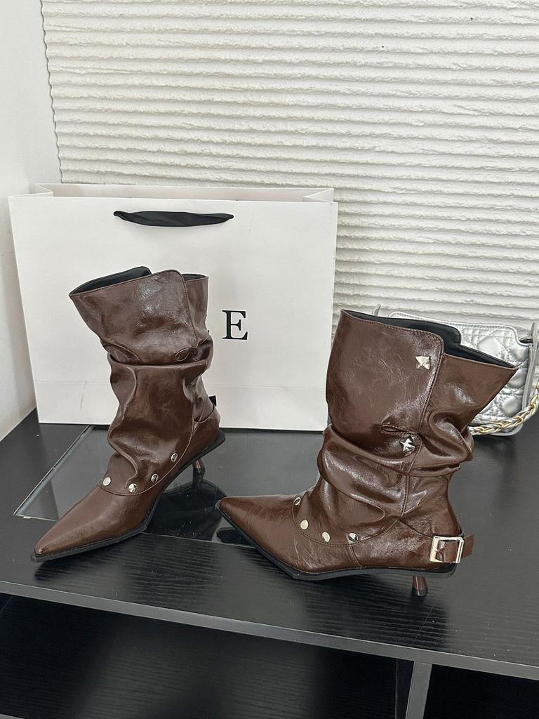 New European and American rivet wrinkled boots pointed wrinkled fashion boots thin high heel thin boots
