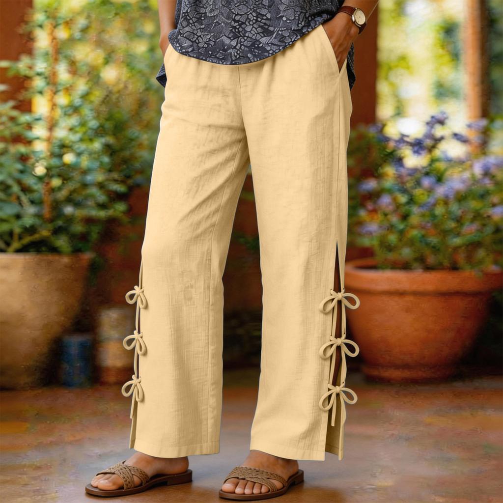 Women's Cotton And Linen Loose-fitting Color Casual Pants With Elastic Waistband, Side Slits  Design.