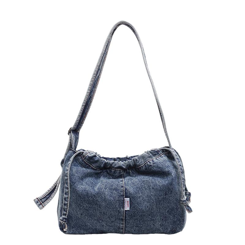 Vintage Denim Shoulder Bag Women Drawstring Bucket Bag Commuter Crossbody Bag