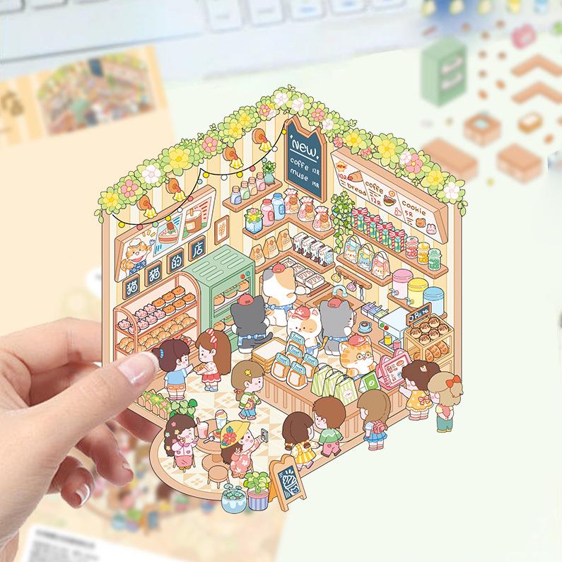 Kreslené krajinné samolepky Vícenásobný miniaturní svět 3D chata Rozbalit DIY scéna Ruční příspěvek