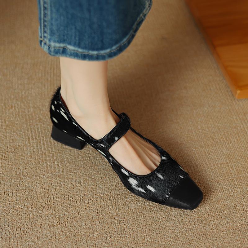 Fashion Large Size 34-41 Women's Horsehair Mary Jane Pumps 4cm Thick Low Heel High Quality Soft Comfortable Daily Shoes for Woman Sale