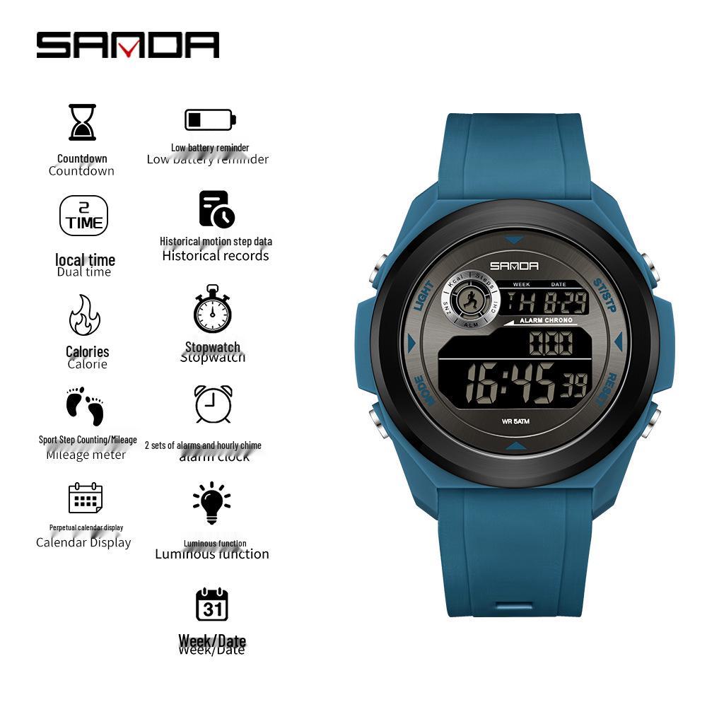 SANDA Unisex Sports Watch: Perpetual Calendar, Alarm, Dual Time Zones, Pedometer.