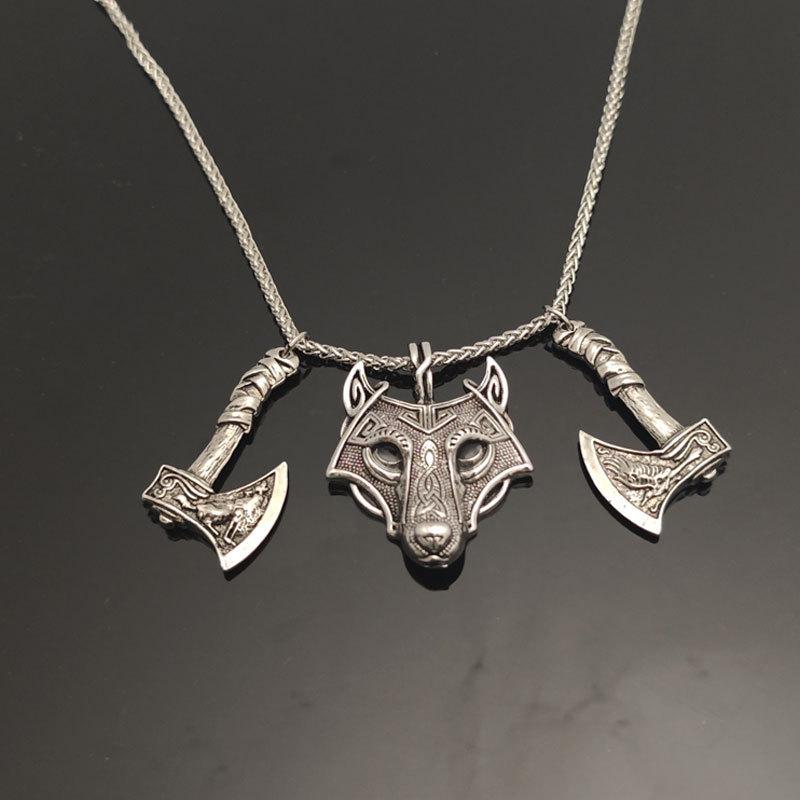 Vintage Viking Celtic Wolf Head Double Axe Pendant Necklace Handmade Jewelry for Men Women