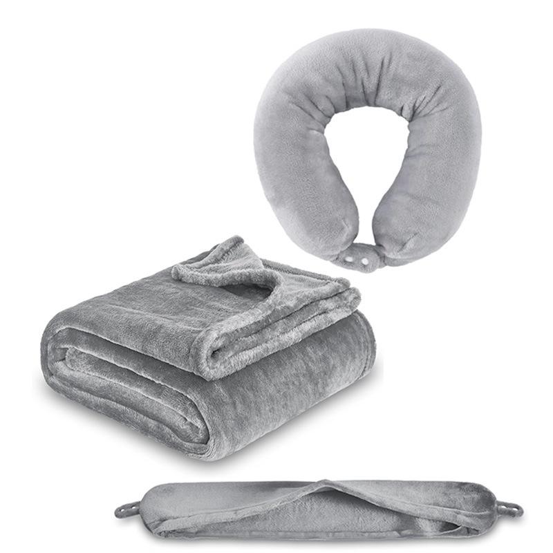 Inflatable Travel Neck Pillow with Portable Flannel Fleece Blanket and Zipper Storage Bag