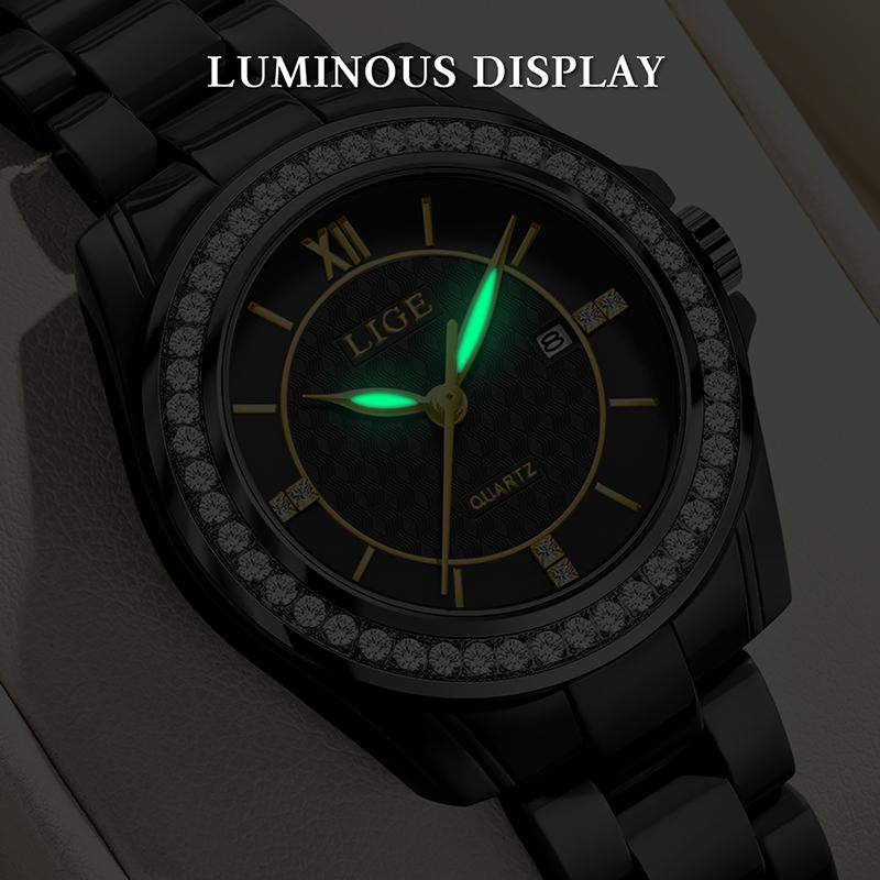 Neue Luxus Schwarze Keramik Uhr Damen Mode Wasserdicht Leuchtend Damen Quarz Armbanduhr Freizeit Quarz Chronograph