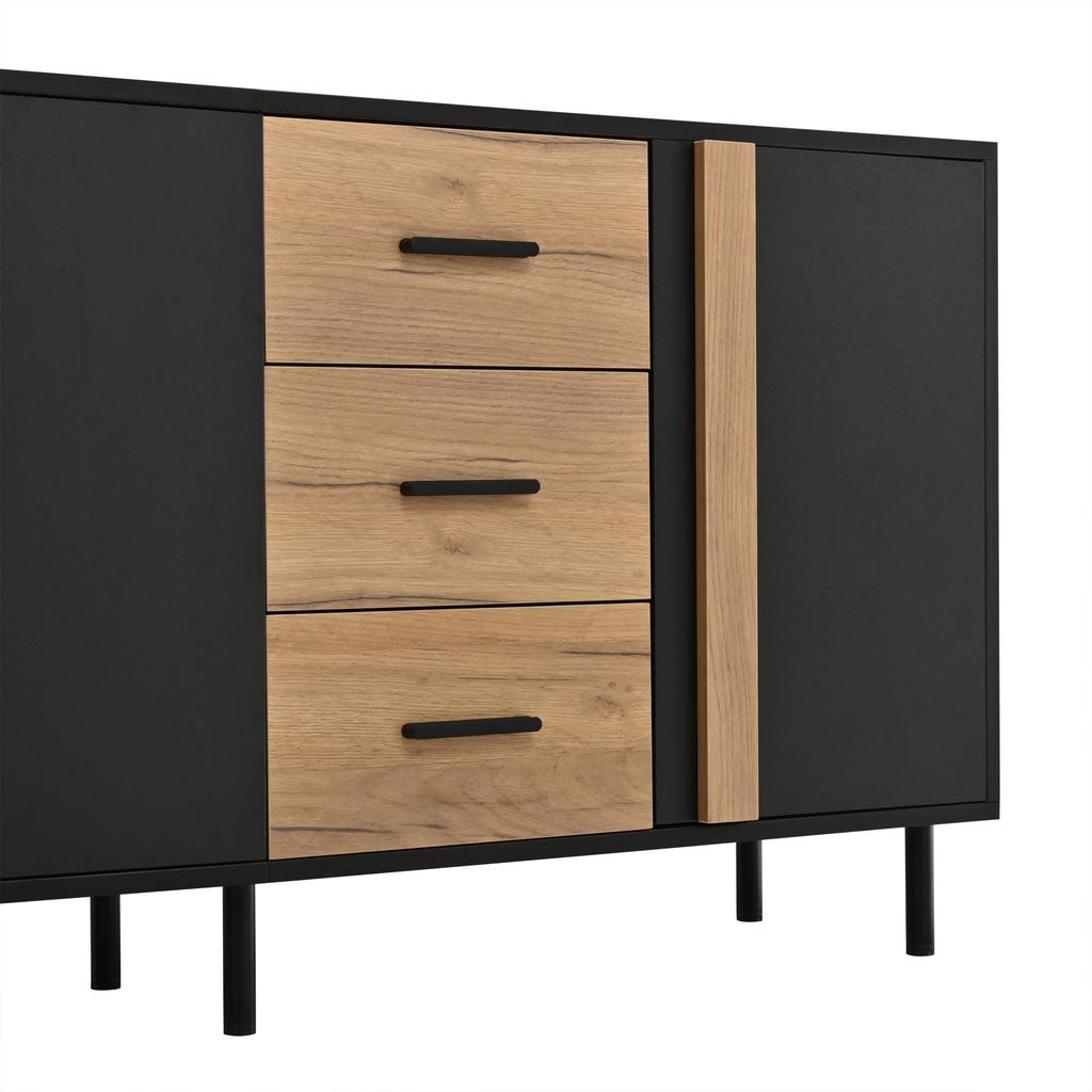 Sideboard 140x35x70 cm, MDF, 3 Doors and 3 Drawers, Side Cabinet, Modern Cabinet with 6 Metal Legs for Living Room, Black + Natural Wood Color