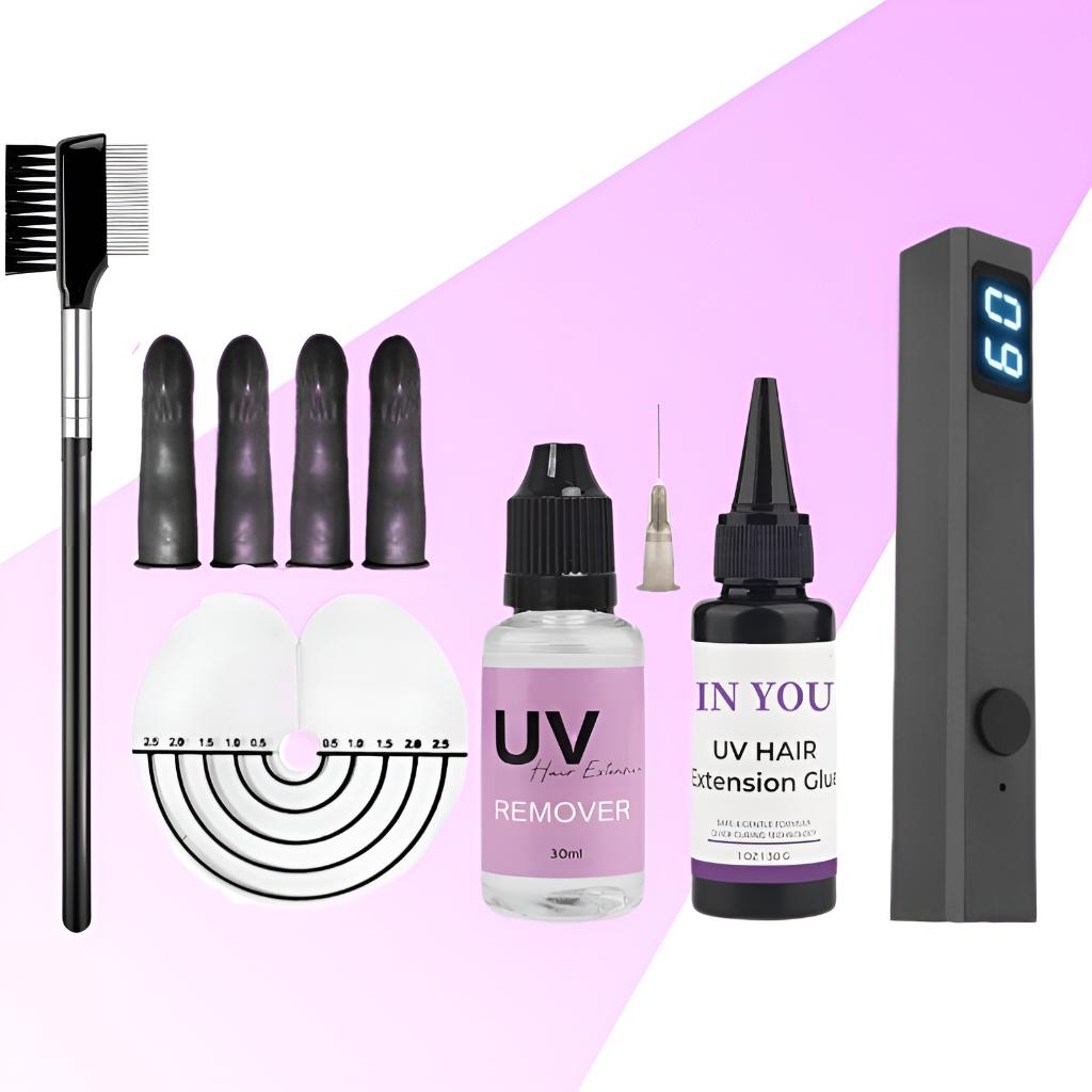 Salonní a DIY UV sada na vlasy, Rychleschnoucí lampa 10s + 30g lepidlo & odstraňovač, Kompletní sada nástrojů pro bezchybné prodlužování