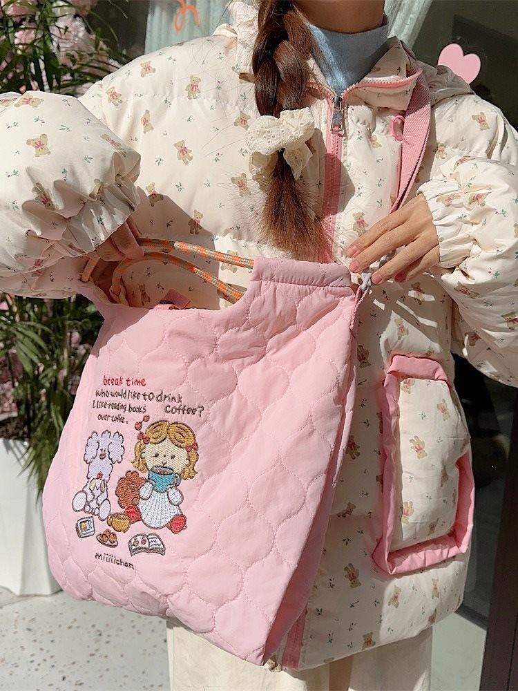 Adorable Soft Cotton Embroidered Tote Bag Stylish And Spacious Handbag For Daily Use