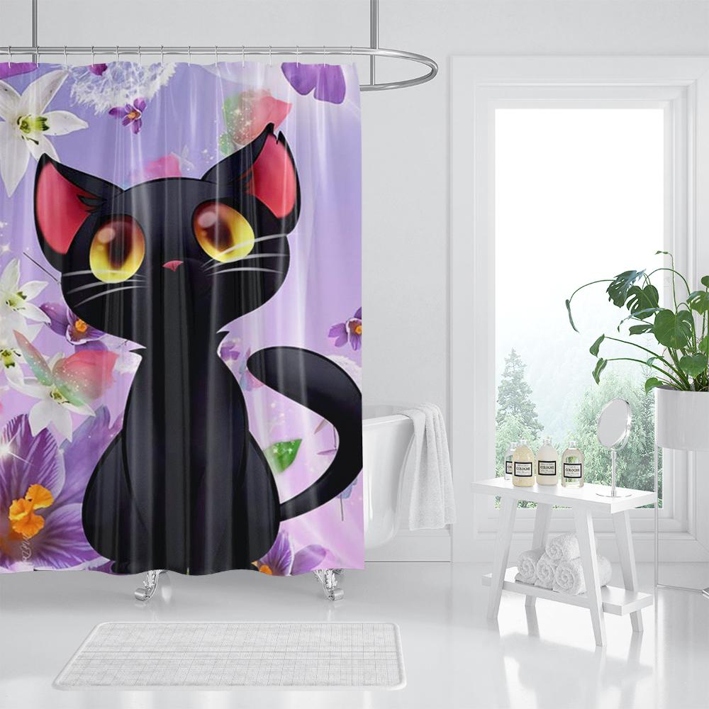 Three Funny Naughty Black Cat Shower Curtain Scratching The Wall with His Paws Fabric Bathroom Decor Set Hooks White and Black