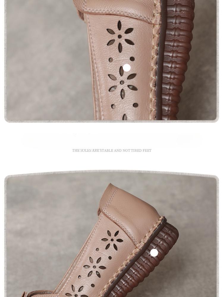 Johnature Ethnic Style Hollow Breathable Flat Sandals Genuine Leather Round Toe Soft Sole Women's Slip-on Shoes