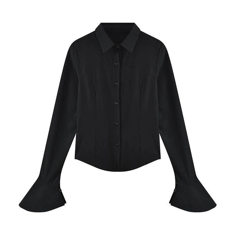 

Сексуальная узкая женская рубашка с расклешенными рукавами, однобортная, с лацканами, туника с бандажом сзади, женские блузки, весенний тренд 2024 года, новая женская футболка M чёрный