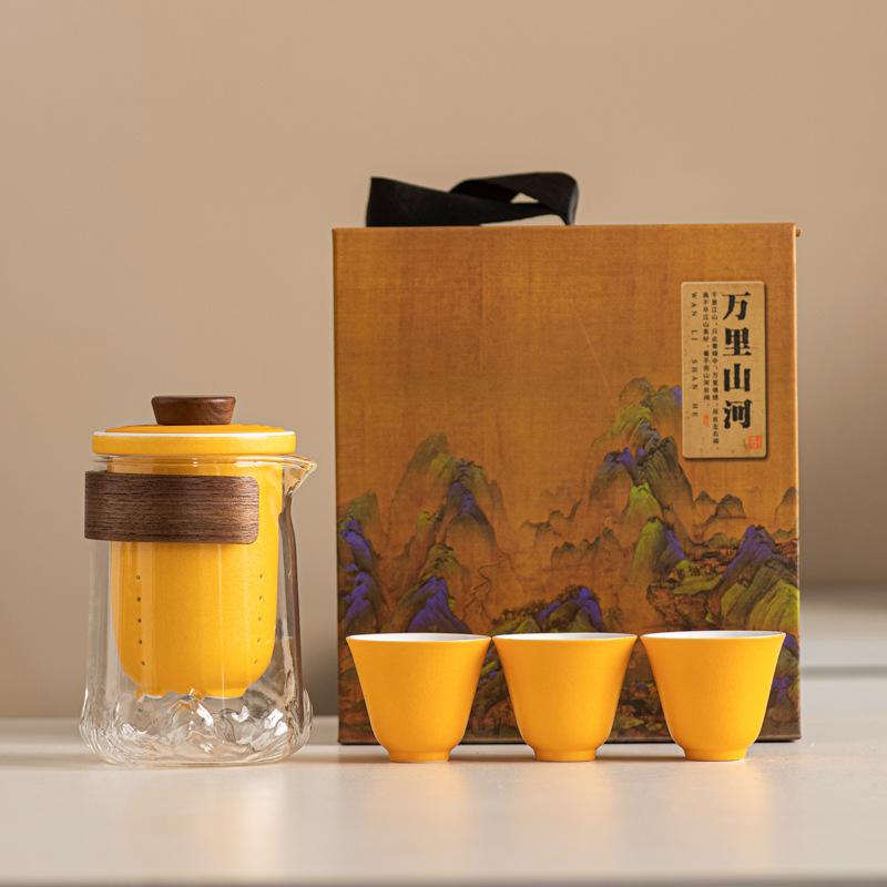 

Ceramic travel tea set, Qianli Jiangshan Kuaike cup, souvenir gift, business company event gift