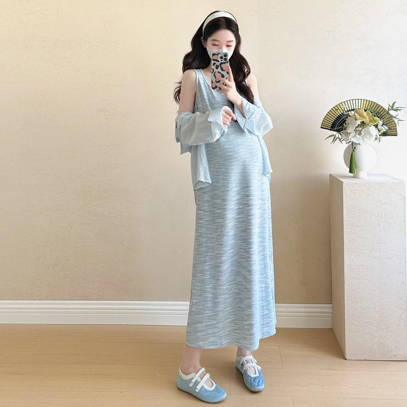 2026 Colorful Tie-Dye Vest Dress + Sun Protection Shirt for Pregnant Women, Slimming & Loose Ice-Cool Maternity Set