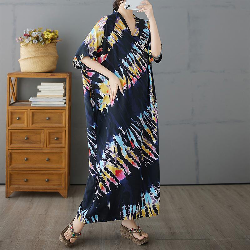 Dimanaf Plus Size New 2025 Summer Printing Dress Women Basic V-Neck Beach Casual Long Fashion Loose Dress