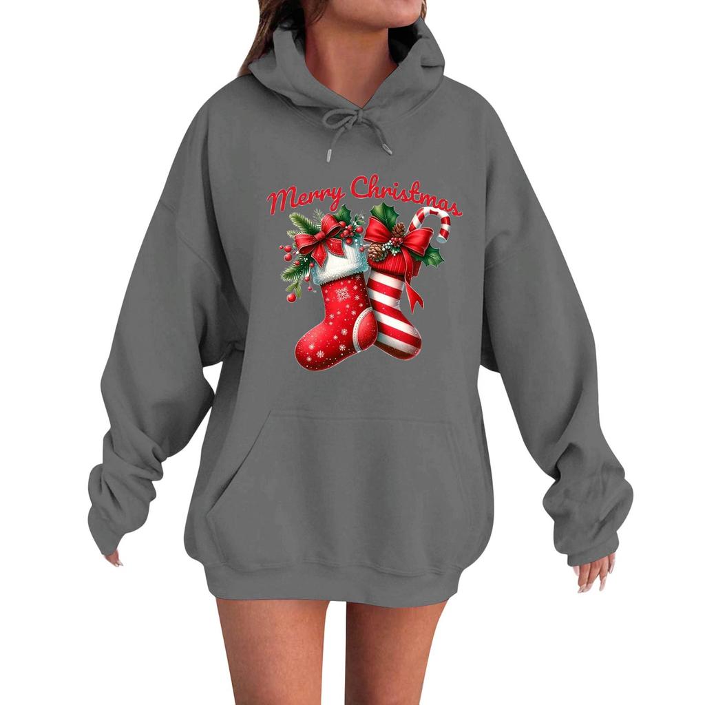 Women's Fashion Casual Long Sleeve Loose Christmas Print Hooded Sweatshirt