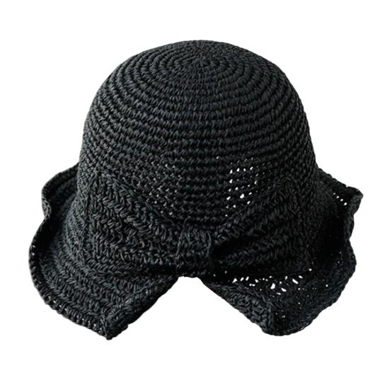 

Bucket Brim Hat Bowknot Straw Summer Hat Wide Decor Side Split Design чёрный