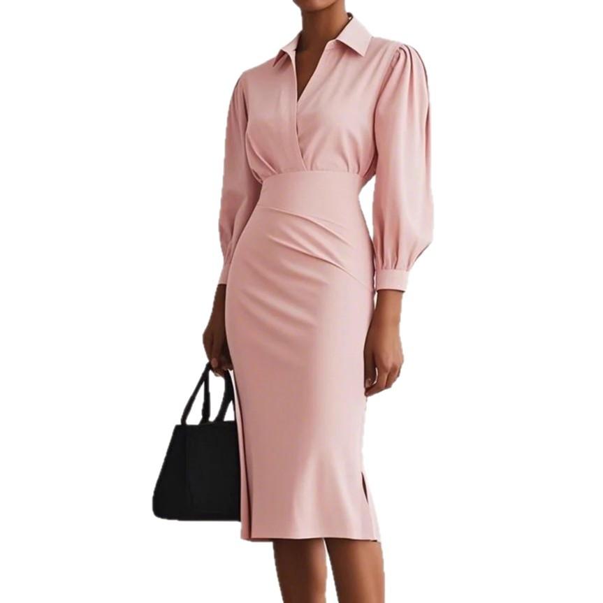 

Женское платье миди с V-образным вырезом и оборками, однотонное платье с поясом на талии и элегантными складками, офисное повседневное облегающее длинное платье для универсального стиля XXL розовый