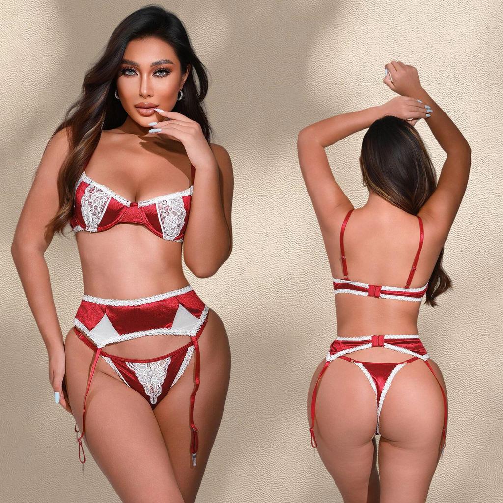 2025 Spitze Besatz Satin Farbblock Push-Up BH und Höschen Dessous Set