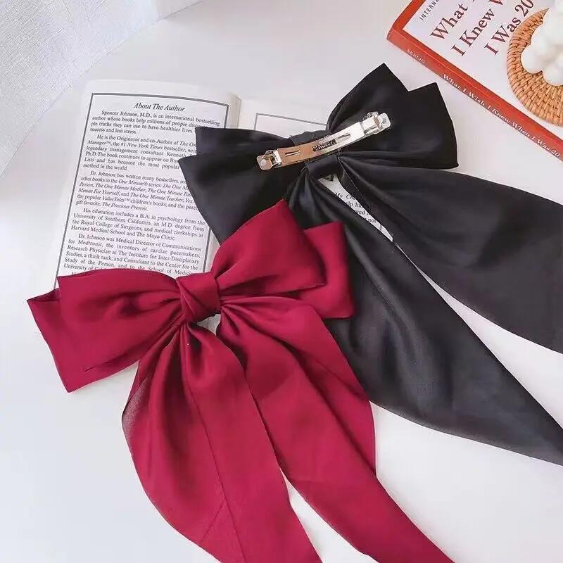 Solid Bow Ribbon Hair Clips Women Elegant Bowknot Satin Hairpins Barrettes Girls Ponytail Clip Wedding Bridal Accessories