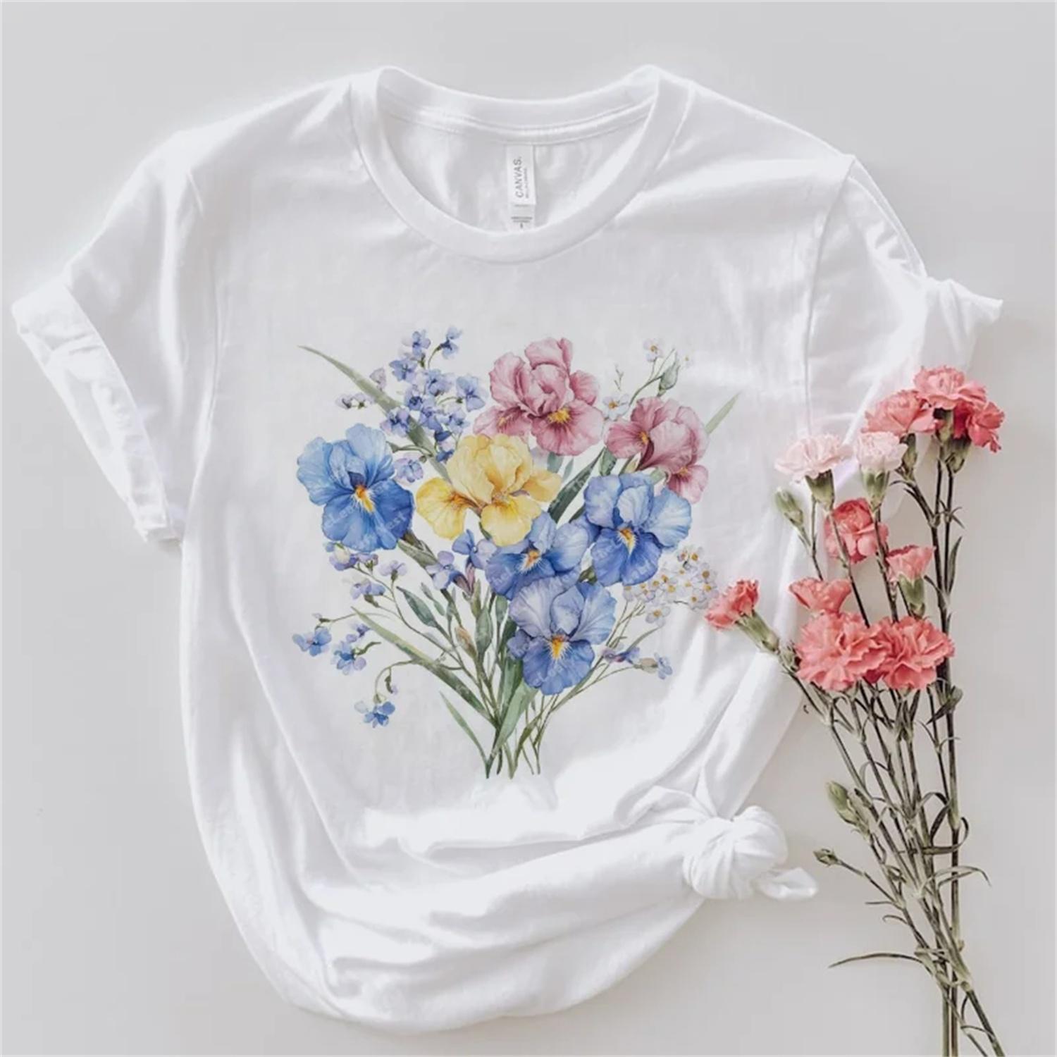 Casual Cute Watercolor Flower Printed Women s T-Shirt Cartoon Pattern Printed White Basic T-Shirt New Women s Travel T-Shirt XXXXXL белый