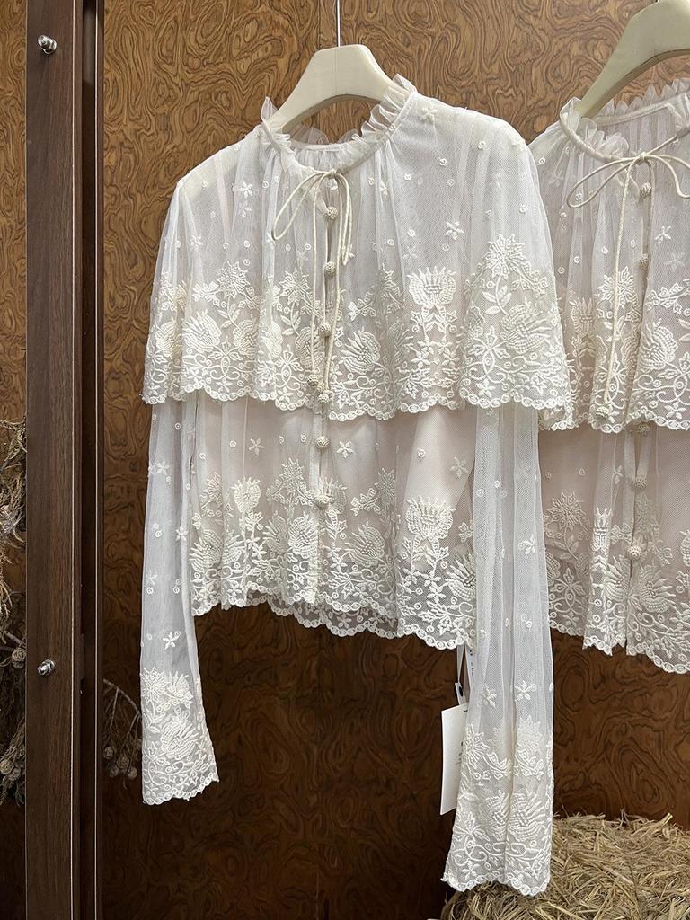 SE Designer 26 Spring Lace Shirt: Double-Layered, Sheer Mesh, Floral Embroidered Cape Cardigan