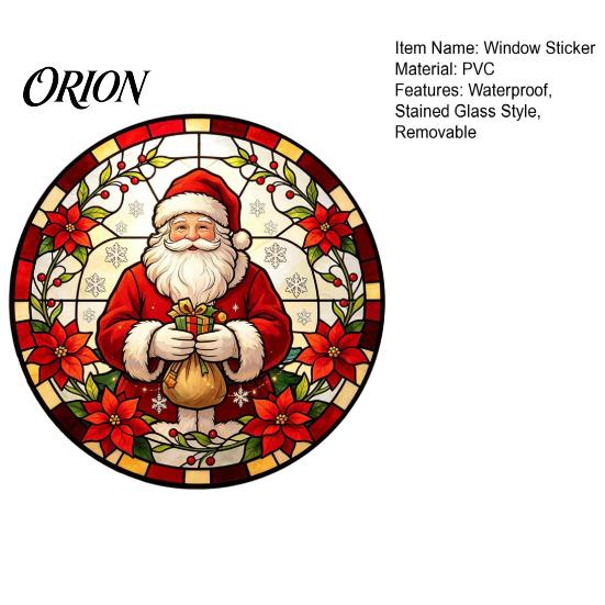 Removable Static Window Film Round Christmas Sticker, Stained Glass Style, Holiday Storefront Decals Cling, Santa Claus Tree PVC Decal for Home Decor