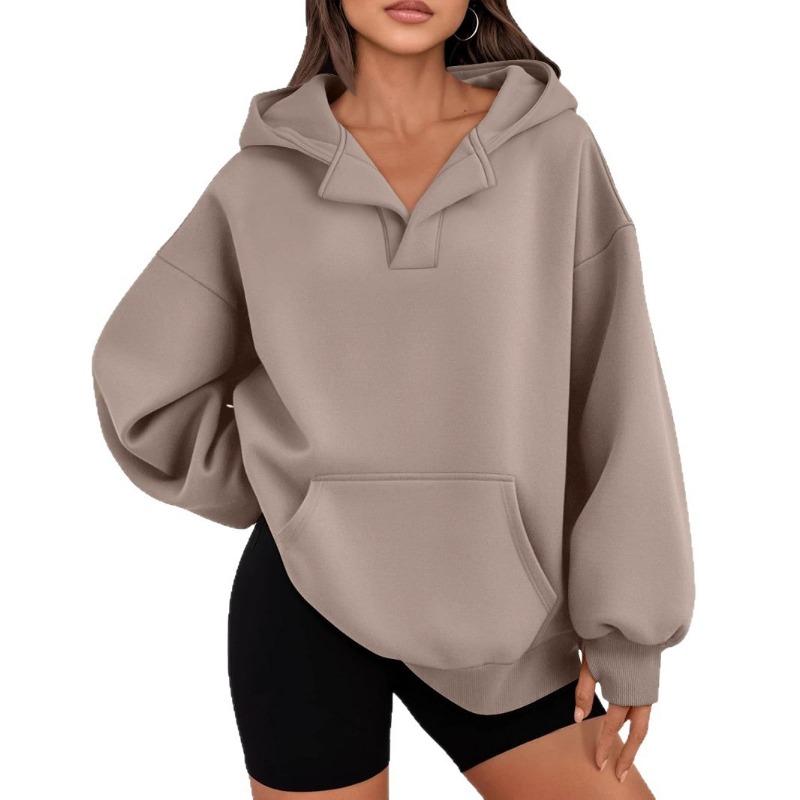 Autumn Winter Loose Casual Solid Color All-match Pullover Hoodies Women Pocket Hooded Sweatshirt Top