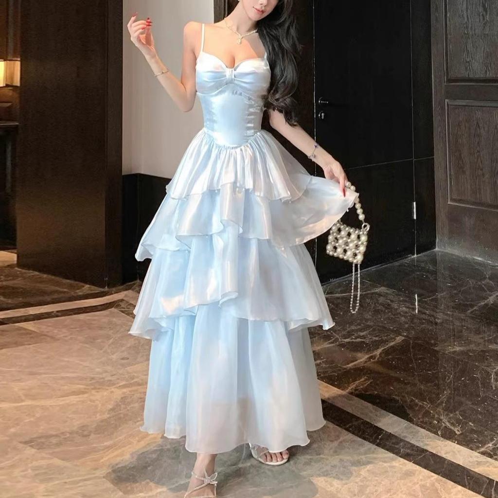 French Blue Glossy Camisole Cake Dress: Slimming Waist, Long Seaside Vacation Style for Girls' Birthday Parties