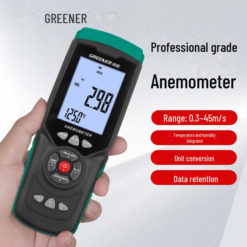 Green Forest Handheld Anemometer: High-Precision Wind Speed, Temperature, and Air Volume Tester.