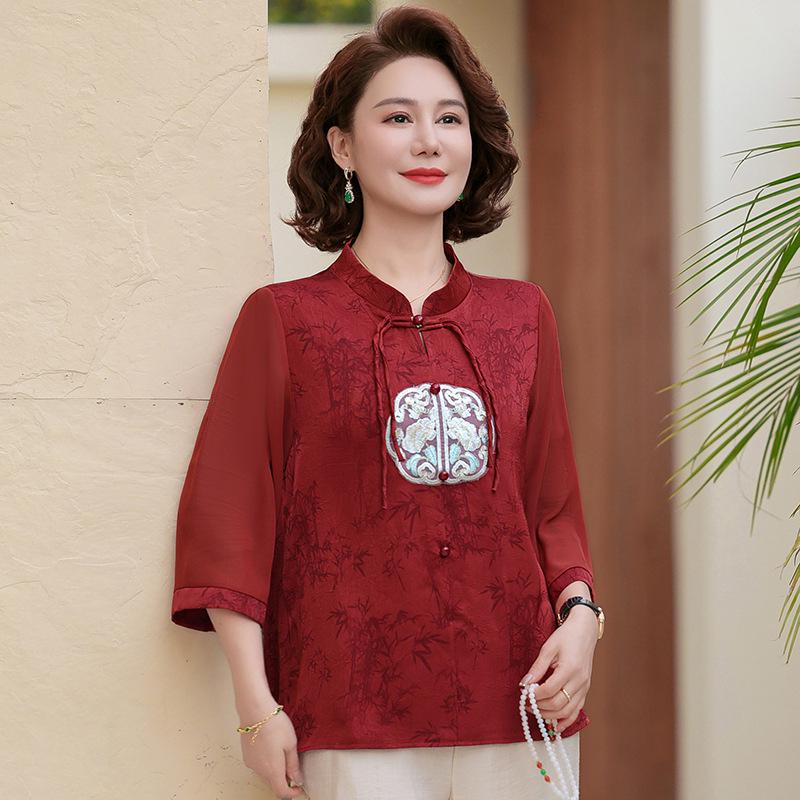 Elegant Spring/Summer Chinese Style Jacquard Embroidered Stand-Up Collar Top XL (90-105 jin)