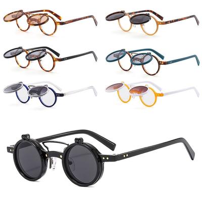 Retro Beliebte Steampunk Klapp-Sonnenbrille Nieten Vintage Kleine Runde Sonnenbrille Doppelschichtige Klapplinsen Punk Brille UV400
