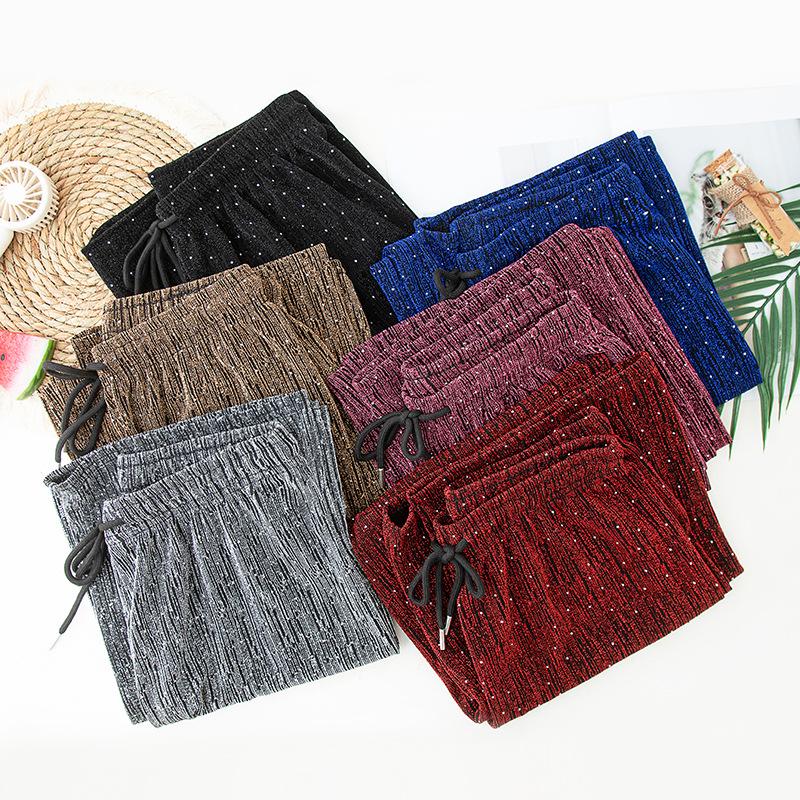 Women's Sparkling Rhinestone Ice-silk Wide Leg Pants High Waist Slim Textured Straight Drape Casual Summer 2026 Cross-border Trousers